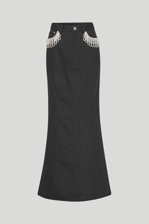 Ghost image of the front of the jacqueline skirt in black with crystal fringe detail on the pockets.