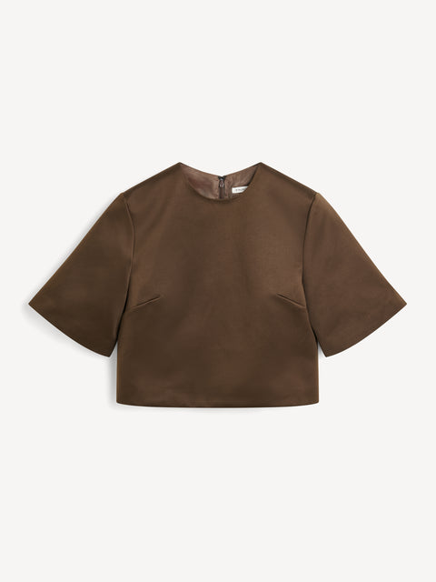 Brown satin short sleeve top.