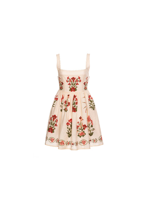 Cream square neckline A-line mini dress featuring pearls along the neckline and red and pink floral print.
