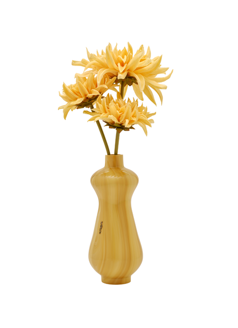 Yellow marbled vase clutch with yellow flowers.