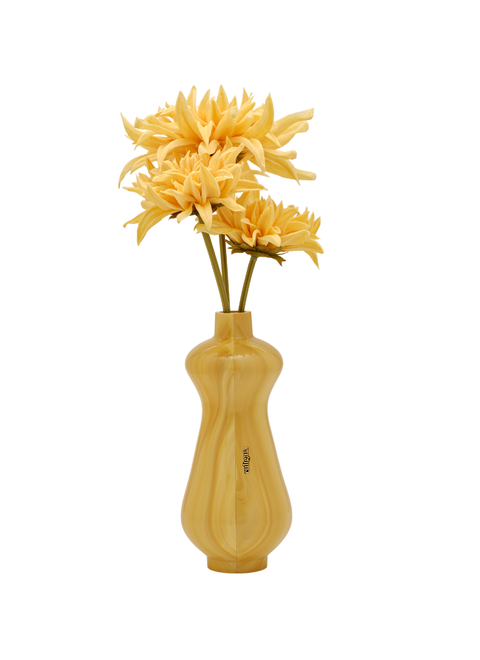 Back-facing shot of yellow marbled vase clutch with yellow flowers.