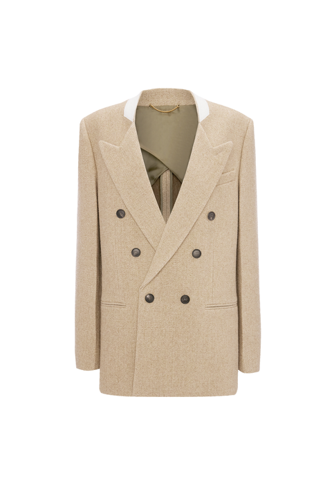 A beige double-breasted blazer with dark buttons, a white inner collar, and a green tie, displayed on a white background.