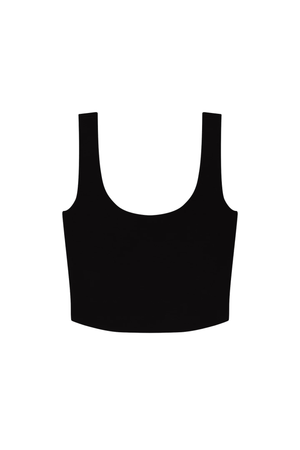 A black scoop-neck crop top with wide shoulder straps, shown flat against a solid white background.