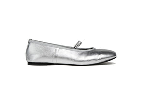 Ghost image of the silver kate cate juliette flat with silver double chain detail.