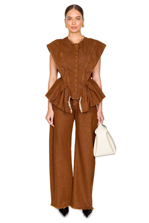 Brown Denim Structure Shoulder Cinched Top