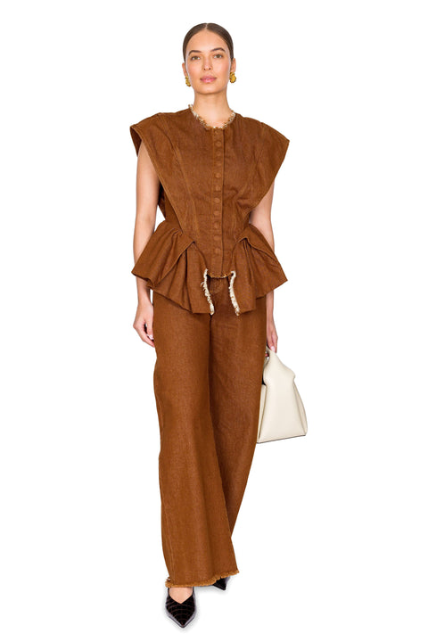 Brown Denim Structure Shoulder Cinched Top