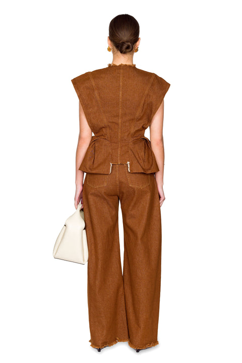 Brown Denim Structure Shoulder Cinched Top