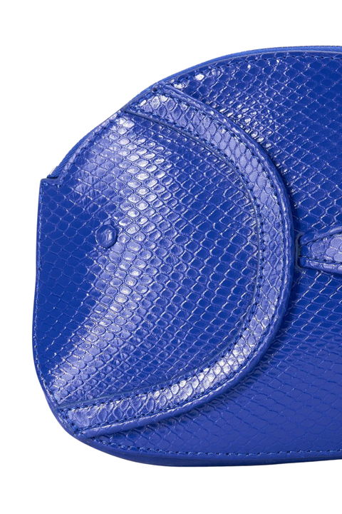 Cobalt blue fish shaped clutch bag close up