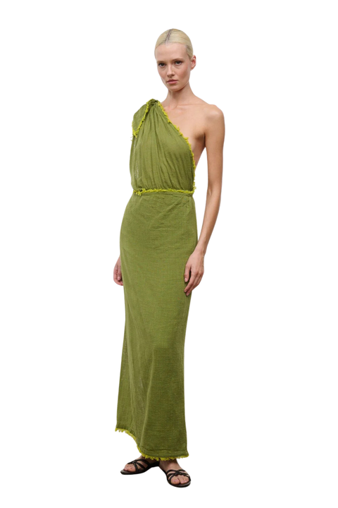 Woman wearing a green one-shoulder midi cover up dress side angle