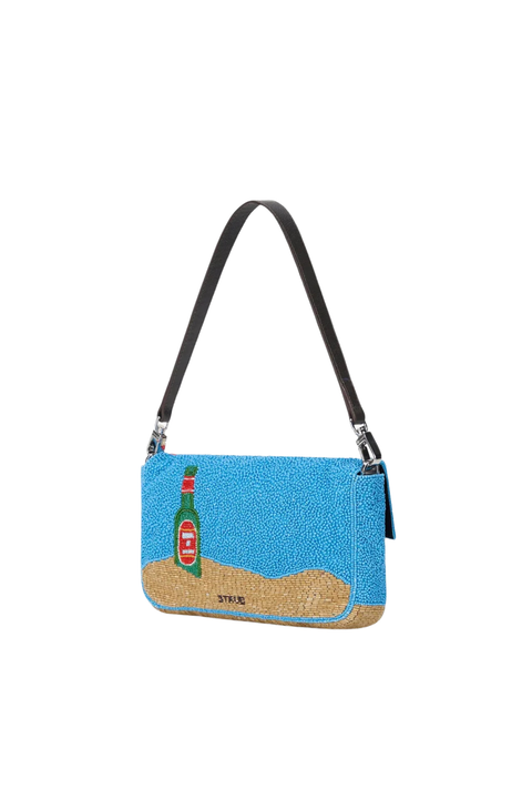 Beaded shoulder bag clutch with a design of a bottle and sand on a blue background