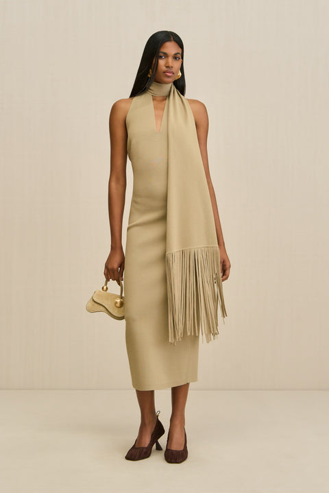 Woman wearing a tan, knit midi dress that features a V neck and a detachable fringe scarf, paired with a gold handbag and brown heels. 