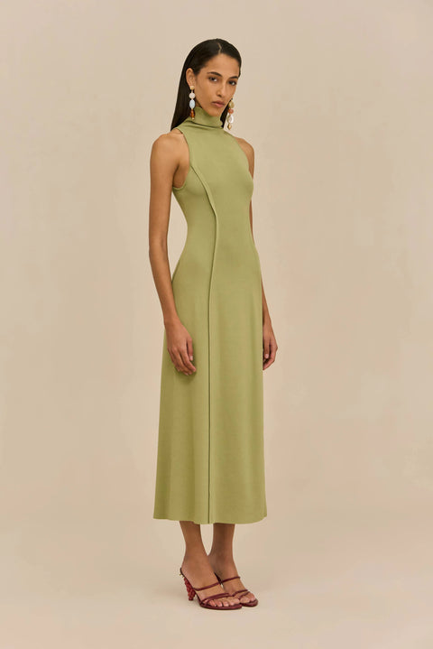 Woman wearing a green high neck maxi dress against a beige background from the side.