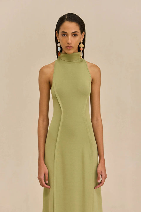 Zoomed in photo of woman wearing a green high neck maxi dress against a beige background.