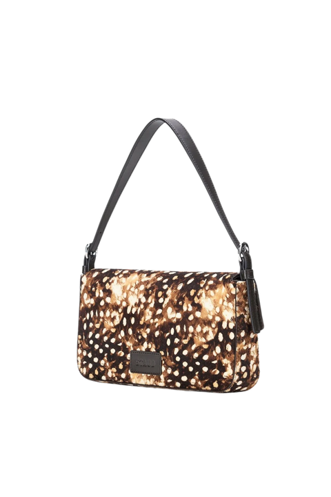A shoulder bag with a brown and black leopard print pattern, featuring a black leather strap and a small black rectangular logo plaque on the front.
