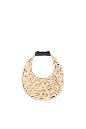 Woven beige round mini bag on a white background front angle