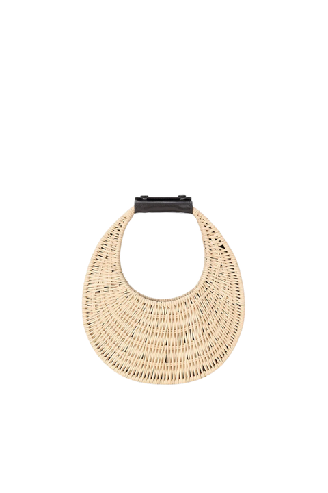 Woven beige round mini bag on a white background front angle
