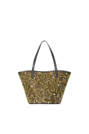Gold and green star-patterned handbag with black handle on a white background