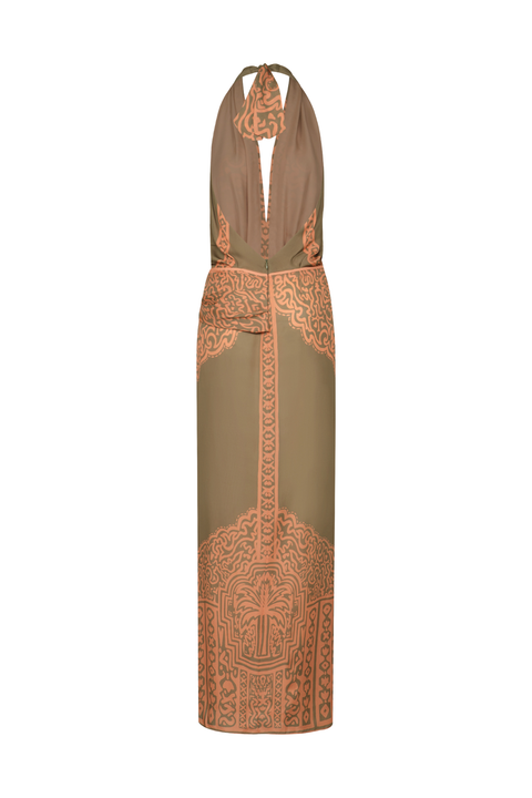 A halter-neck maxi dress in a muted taupe-brown color with intricate peach-orange paisley embroidery, shown against a plain white background.