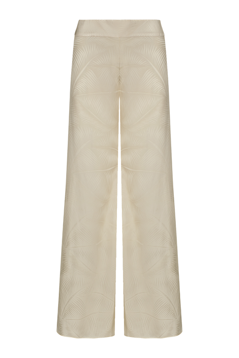 A pair of wide-leg trousers in a  cream color, featuring a subtle tonal geometric pattern on the fabric
