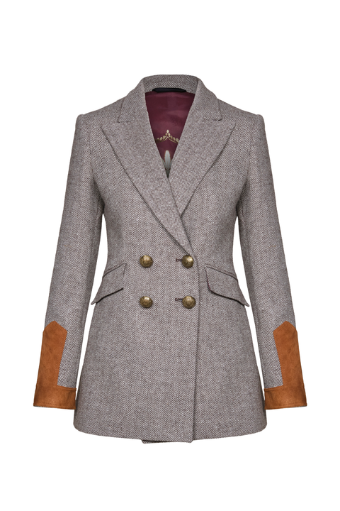 A women's double-breasted blazer in a gray and white herringbone pattern, featuring brown suede-like elbow patches and gold-tone buttons.
