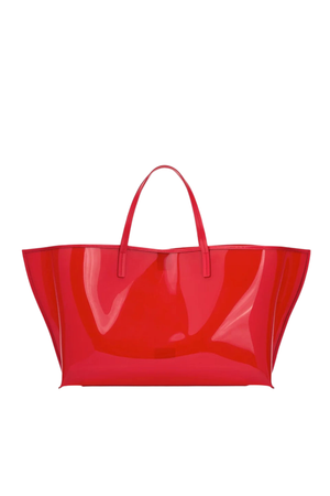 A glossy red vinyl tote bag with two top handles, shown against a plain white background.