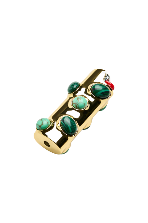 Gold lighter case with green colored stones