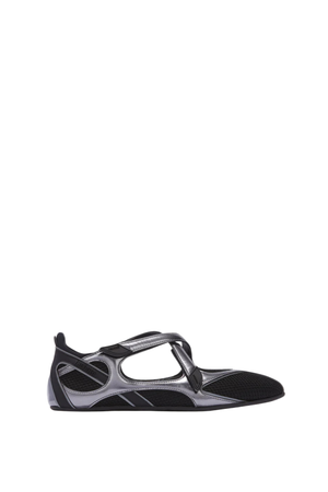 Black and grey sneaker-style ballet flat with black logo on a white background