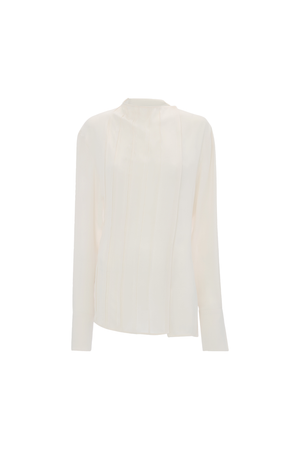 An off-white long-sleeve blouse with a high mock neck and subtle vertical pleating, shown against a plain white background.