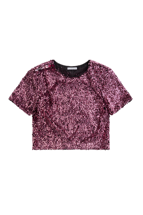 Pink sequin cropped t-shirt that features a gemstone detail on one shoulder. 