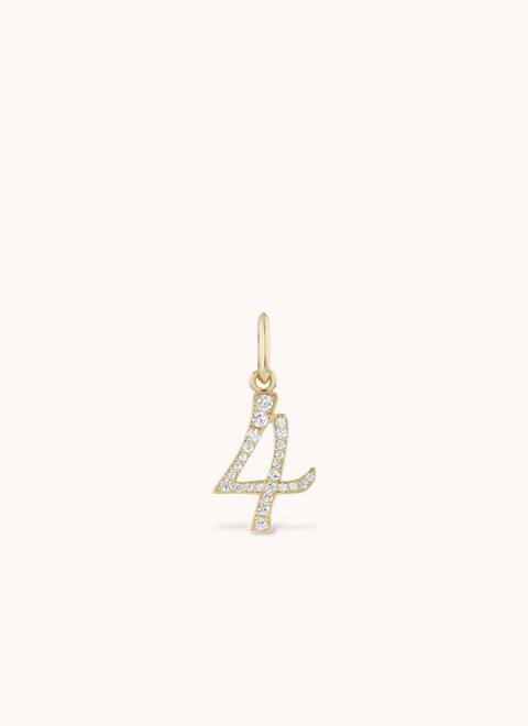 Number four charm in yellow gold and white diamonds.