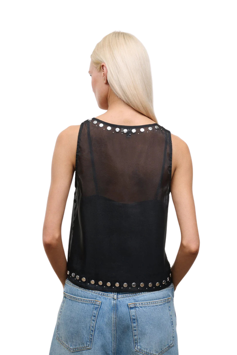 A woman wearing a black sheer organza sleeveless top with stud embellishments back angle