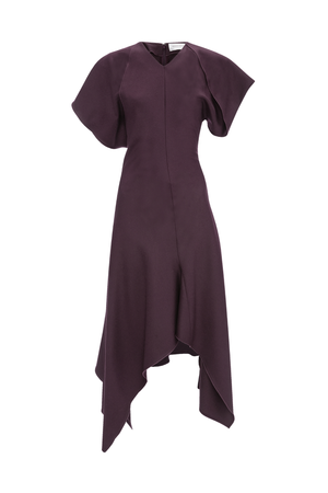A dark plum purple midi dress with short flutter sleeves, a V-neckline, and an asymmetrical draped hem, shown against a plain white background.