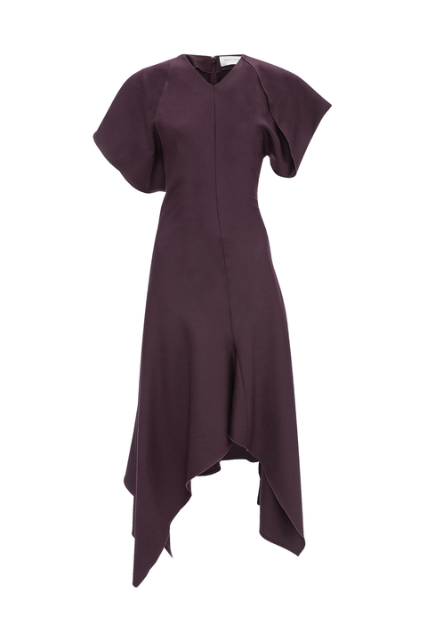 A dark plum purple midi dress with short flutter sleeves, a V-neckline, and an asymmetrical draped hem, shown against a plain white background.