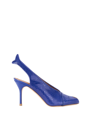 A cobalt blue heel shaped like a fish