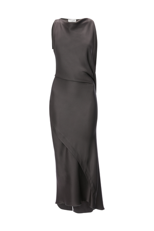 A dark charcoal gray sleeveless midi dress with a draped, wrap-style skirt, shown against a plain white background.