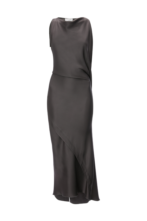 A dark charcoal gray sleeveless midi dress with a draped, wrap-style skirt, shown against a plain white background.