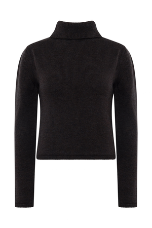 Ghost image of a dark brown turtle neck sweater. 