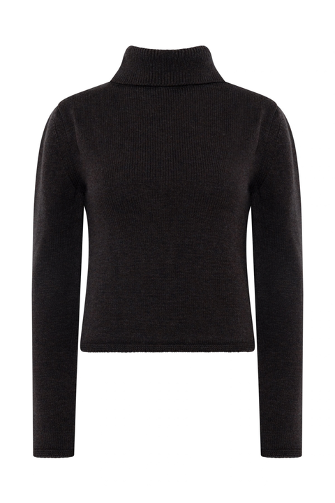 Ghost image of a dark brown turtle neck sweater. 
