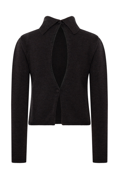 Ghost image of a dark brown turtleneck sweater with an open back and button closure. 