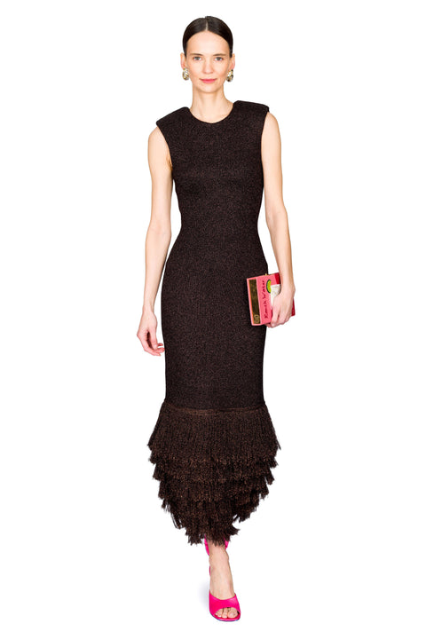 Woman stepping wearing a brown maxi dress with fringe hem on a white background