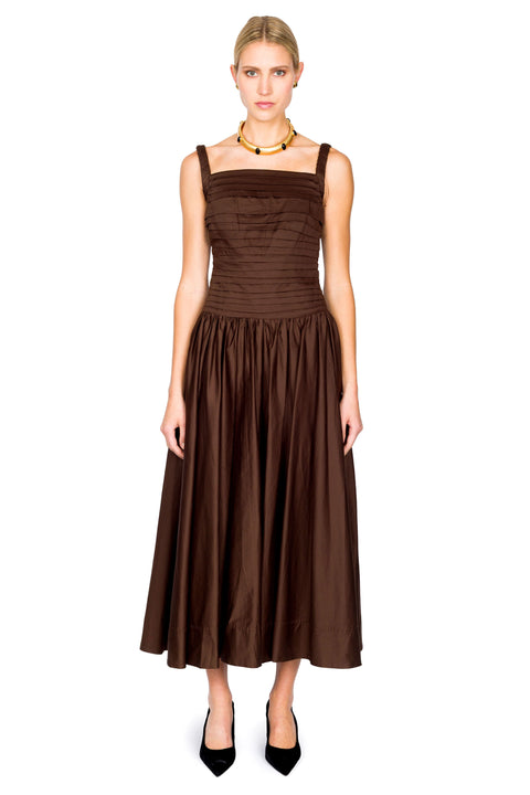 Woman wearing a brown maxi dress on a white background facing forward