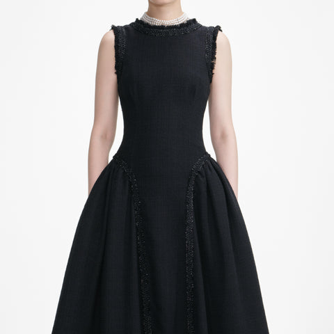 Black Boucle Sleeveless Midi Dress
