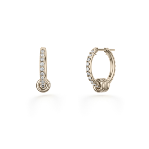 Ghost image of a pair of Spinelli Kilcollin 18k yellow gold mini hoop earrings that are pave with white diamonds and features three 18k yellow gold annulets. 