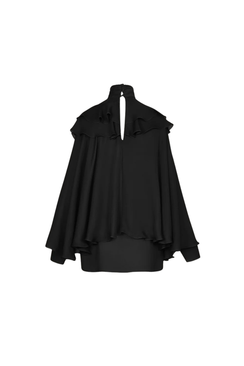 A black long-sleeve blouse with a high halter-style neckline, layered ruffle details, and a draped cape-like silhouette, shown on a plain white background.