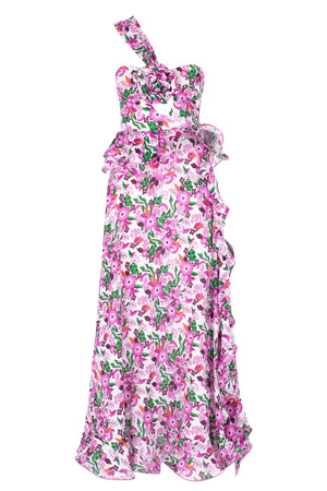 Ghost image of the linen pink floral midi dress with rose applique and one shoulder strap.