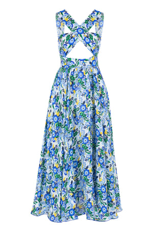 Blue Linen Floral Halterneck Midi Dress