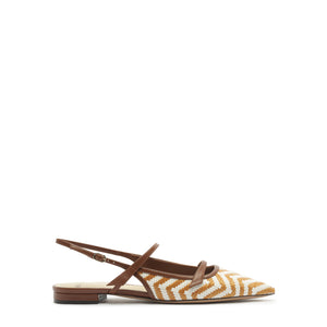 Flat sandal with brown strap and a white and yellow zigzag pattern on a white background