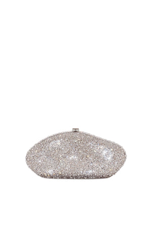 Silver glittery clutch bag on a light gray background