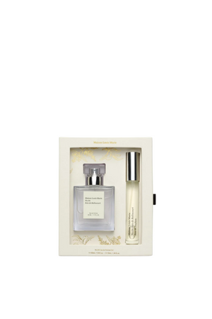 A white rectangular box featuring Bois de balincourt perfume duo gift set including a full size spray bottle and a travel size. 