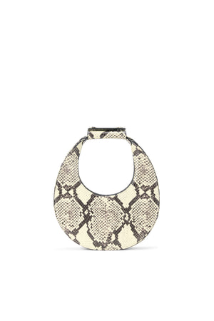 Snakeskin-patterned clutch bag on a white background